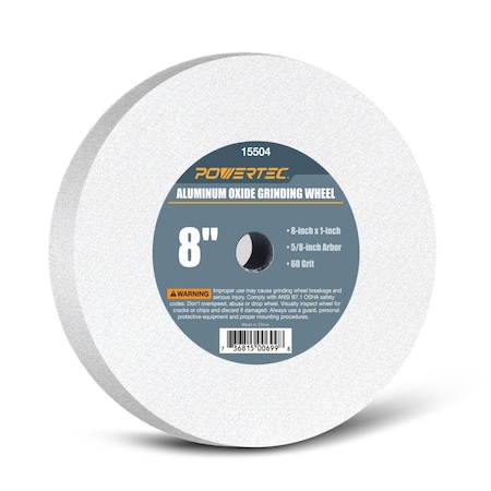Powertec 60 Grit Aluminum Oxide Grinding Wheel, 8-Inch by 1-Inch, 5/8-Inch Arbor, White 15504